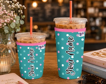 Personalized Neoprene Iced Coffee Sleeve, Polka Dot Pattern, Beverage Sleeve, Iced Coffee Sleeve, Beverage, Gifts for Book Lovers