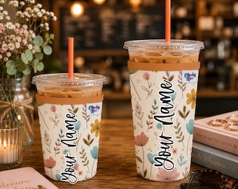 Blue Floral Iced Coffee Sleeve | Reusable Neoprene Coffee Cup Cozy | Fits 20oz & 32oz Tumblers | Cute Gift for Coffee Lovers