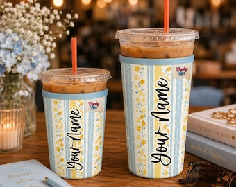 Blue Floral Iced Coffee Sleeve | Reusable Neoprene Coffee Cup Cozy | Fits 20oz & 32oz Tumblers | Cute Gift for Coffee Lovers
