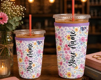 Personalized Neoprene Iced Coffee Sleeve, Floral Lilac Pattern, Beverage Sleeve