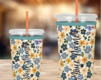 Personalized Floral Neoprene Iced Coffee Sleeve, Beverage Sleeve