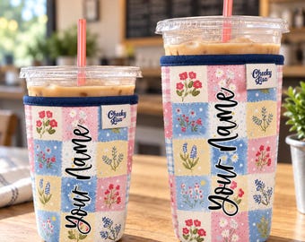 Personalized Neoprene Iced Coffee Sleeve, Book Lover Pattern, Beverage Sleeve, Iced Coffee Sleeve, Beverage, Gifts for Book Lovers, Floral