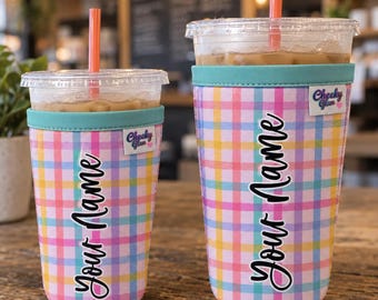 Personalized Plaid Neoprene Iced Coffee Sleeve, Beverage Sleeve, Fall Print, Plaid Printed Gift