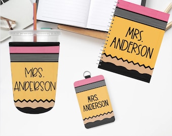 Personalized Teacher Gift Set, Badge Reel, Notebook, Coffee Sleeve