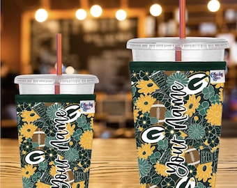 Personalized Packers Iced Coffee Sleeve, Neoprene Reusable Cup Cozy, Beverage Sleeve, Green Bay Gifts