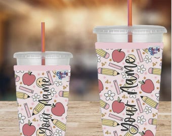 Personalized Teacher Iced Coffee Sleeve, Neoprene Reusable Sleeve, Beverage Sleeve