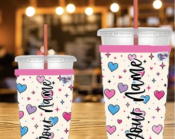 Personalized Neoprene Iced Coffee Sleeve, Custom Beverage Coozie, Heart Design, Beverage Sleeve