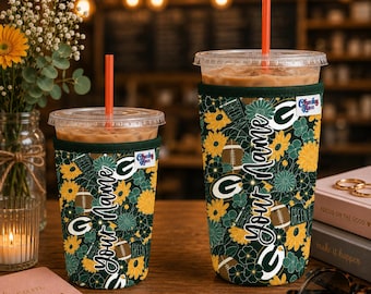 Personalized Packers Iced Coffee Sleeve, Neoprene Reusable Cup Hugger, Beverage Sleeve, Green Bay Gifts