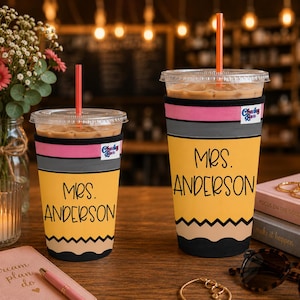 Personalized Neoprene Iced Coffee Sleeve, Teacher Gift, Beverage Hugger