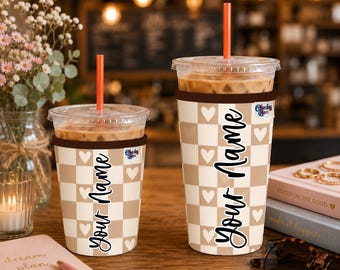 Personalized Neoprene Iced Coffee Sleeve, Heart Checkered Pattern, Beverage Sleeve, Iced Coffee Sleeve, Beverage, Gifts for Book Lovers