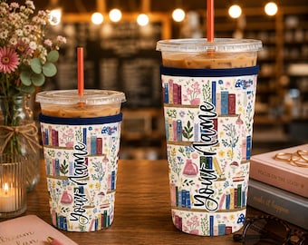 Personalized Neoprene Iced Coffee Sleeve, Book Lover Pattern, Beverage Sleeve, Iced Coffee Sleeve, Beverage, Gifts for Book Lovers