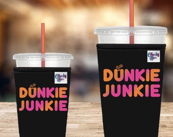 Dunkie Junkie Iced Coffee Sleeve, Neoprene Coffee Cozy, 32 oz, Beverage Sleeve