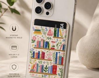 Magnetic Phone Wallet | MagSafe Card Holder | Cute Floral Phone Wallet | Book Lover Wallet | Magnetic Card Pocket | Gift for Her