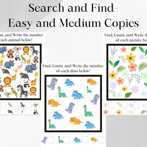 May include: A printable worksheet with three different search and find activities. The first activity features a variety of animals, the second features dinosaurs, and the third features flowers and leaves. Each activity has a grid of squares below it for counting the number of each item.
