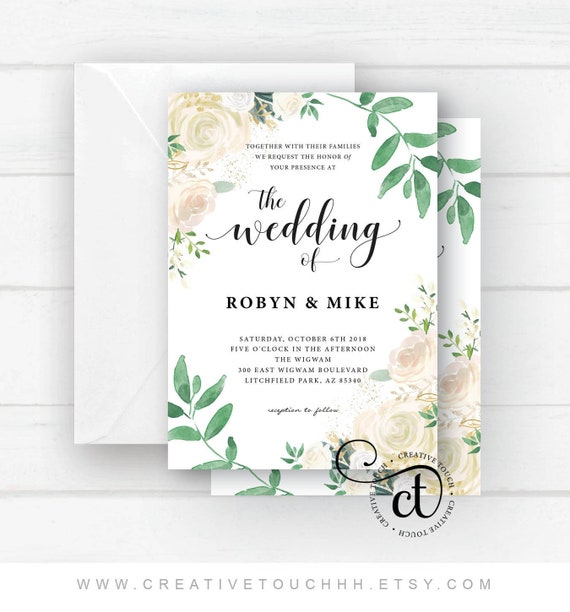 Wedding invitation, Wedding invite, Greenery Wedding invitation, garden Wedding, boho bohemian, Floral Wedding invitation W21 Il_570xn