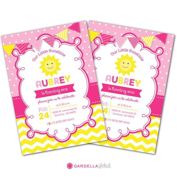 You are my Sunshine Birthday Invitation, Sunshine invite, Sunshine Birthday Party, Photo Invite, Hot Pink, Yellow, Lemonade, Chevron (S2) Il_570xn