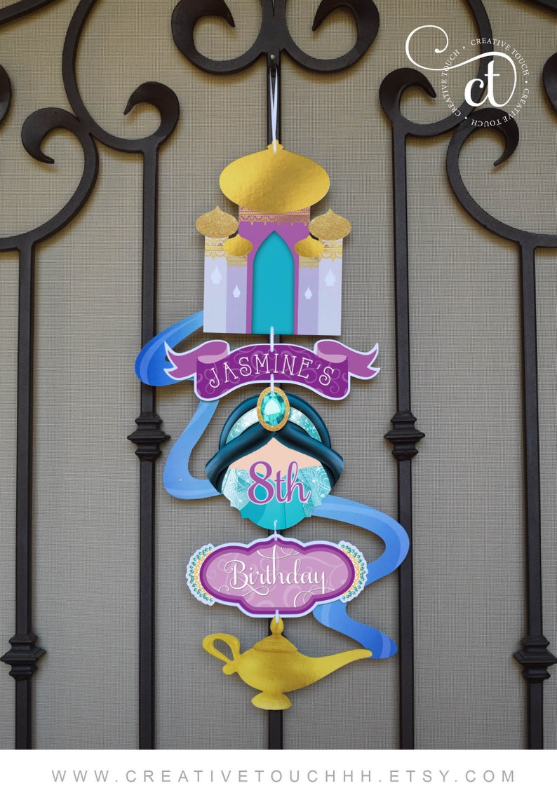 Jasmine Welcome Sign Aladdin Hanging Door Birthday Party Decoration Banner Greetings Genie Princess