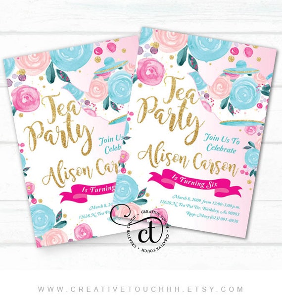 Tea Party Invitation, Tea Party Birthday Invitation, Tea Party Birthday Party, Tea Party Party, Tea,Princess Tea, Glitter Gold, Pink, Floral Il_570xn