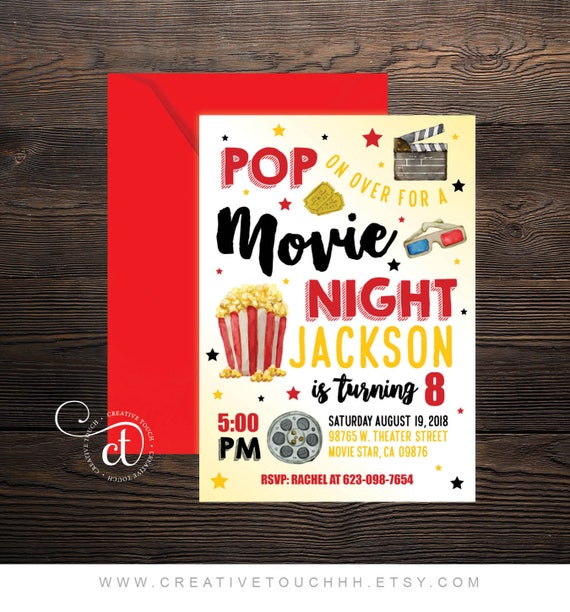 movie birthday invitation movie invitation movie invite movie movie night hollywood theater outdoor movie birthday party popcorn movie invite