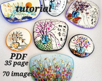 Polymer Clay Tutorial, Confetti Floral Brooch , PDF Tutorial, Sumie Art inspired, How to make Beautiful Art on Clay,"What"! No Paint No Pens