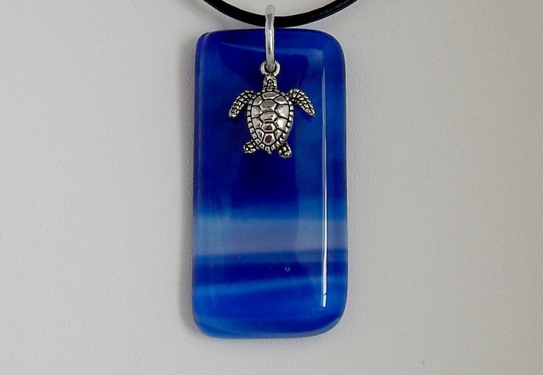 Sea Turtle Pendant, Turtle and Blue Fused Glass Pendant, Turtle Jewelry