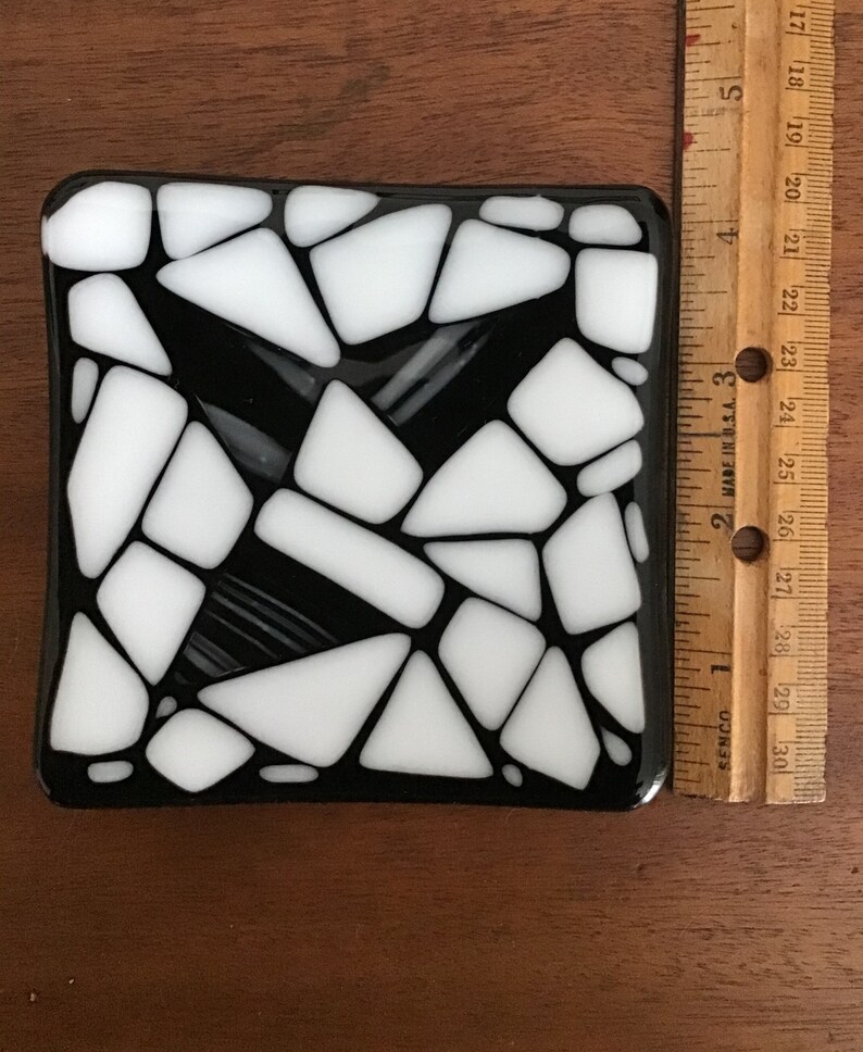 Black and White 4 1/4 Fused Glass Plate, Black and White Candle Holder