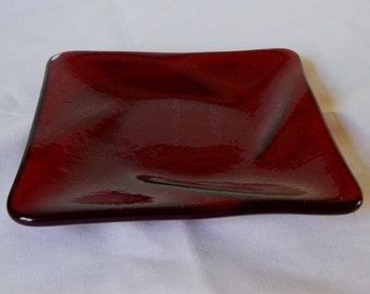 Garnet Red Fused Glass Dish, Red Candle Holder, Red Soap Dish, Red Jewelry Holder