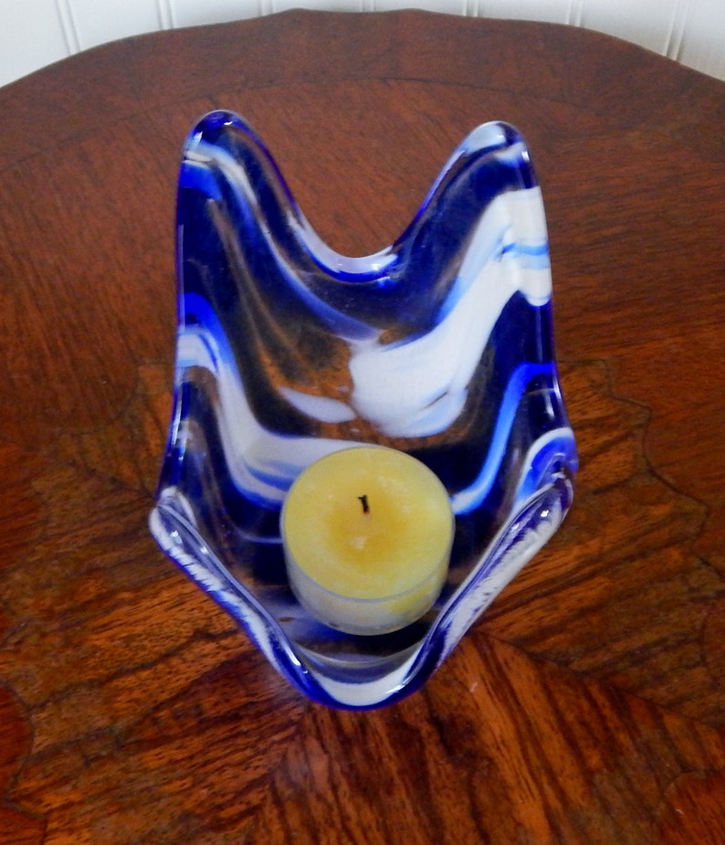 Glass Tea Light Candle Holder, Blue Glass Bowl, Blue Trinket Bowl, Blue