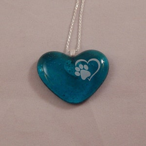 Blue Fused Glass Heart Pendant: Sterling Silver Paw Print Necklace