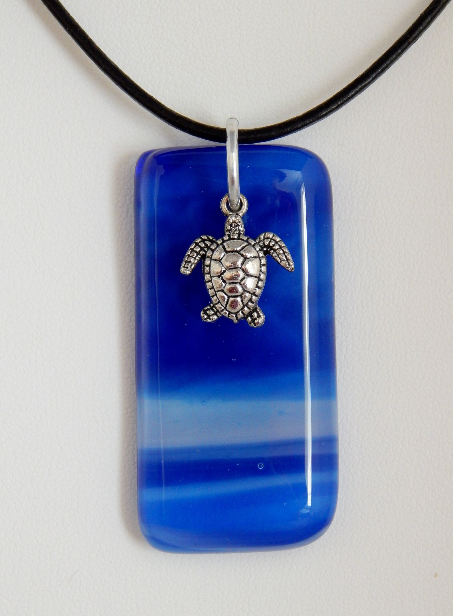 Sea Turtle Pendant, Turtle and Blue Fused Glass Pendant, Turtle Jewelry