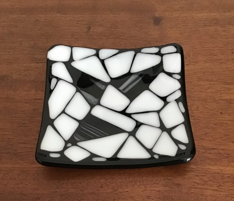 Black and White 4 1/4 Fused Glass Plate, Black and White Candle Holder