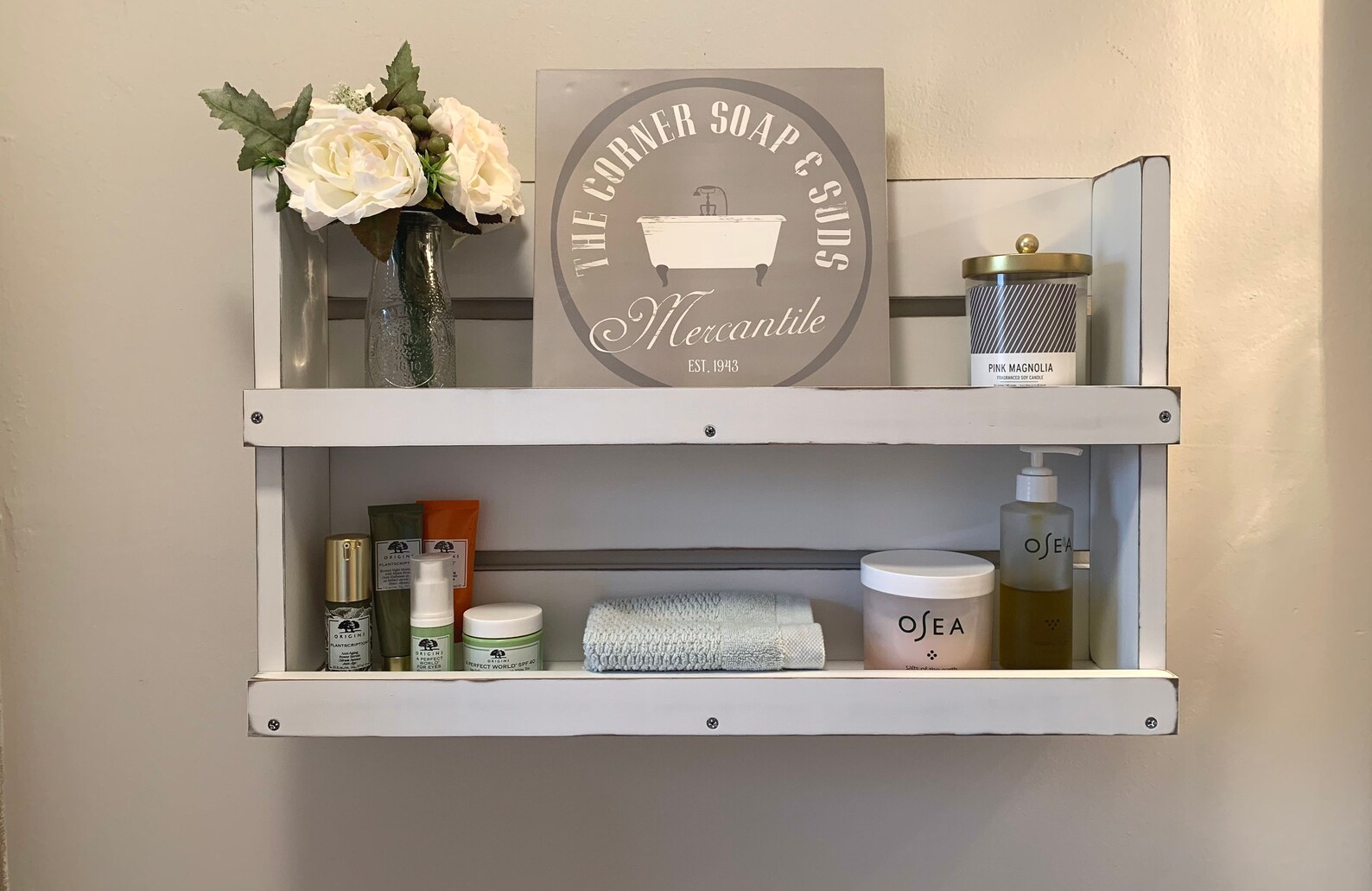 Rustic White Distressed Wood Bathroom Shelf Farmhouse Decor Etsy