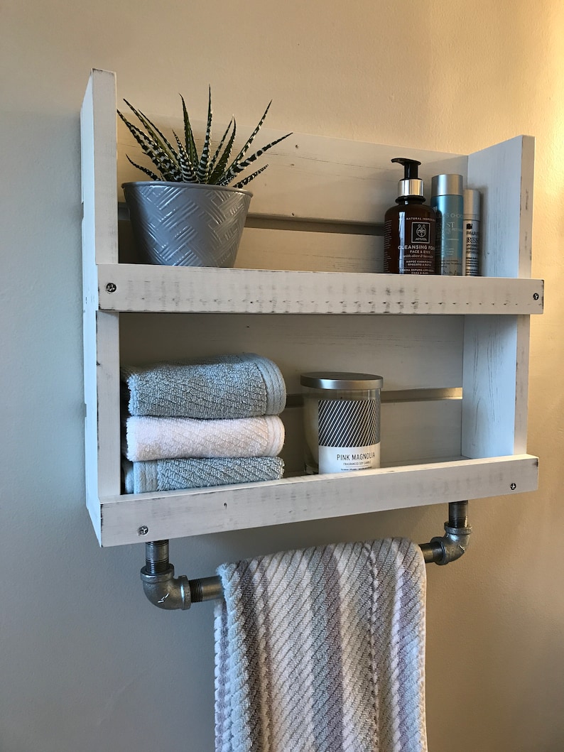 Bathroom Shelf With Towel Bar White Distressed Shelf Wood Etsy UK