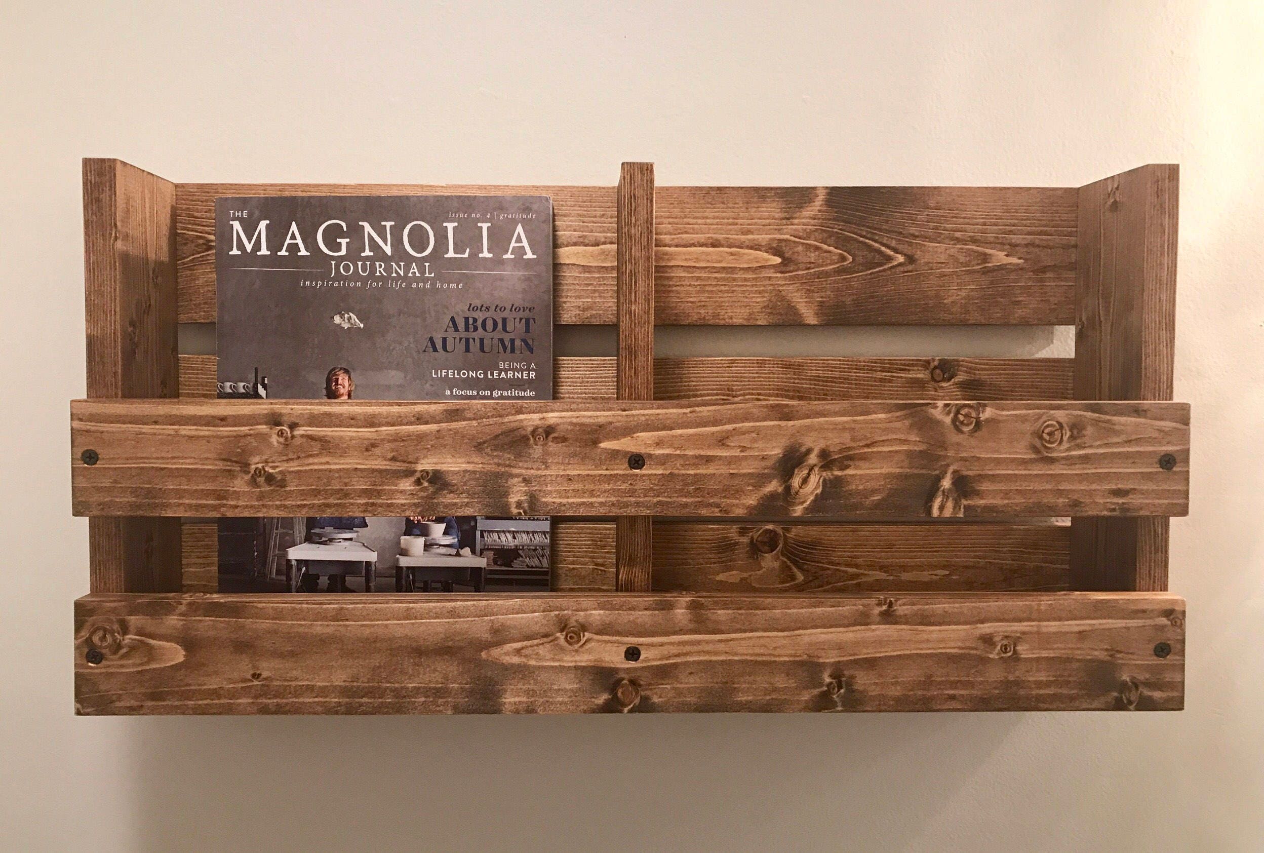 Double Magazine Rack Rustic Wall Mounted Wood Menu Rack Wood Etsy