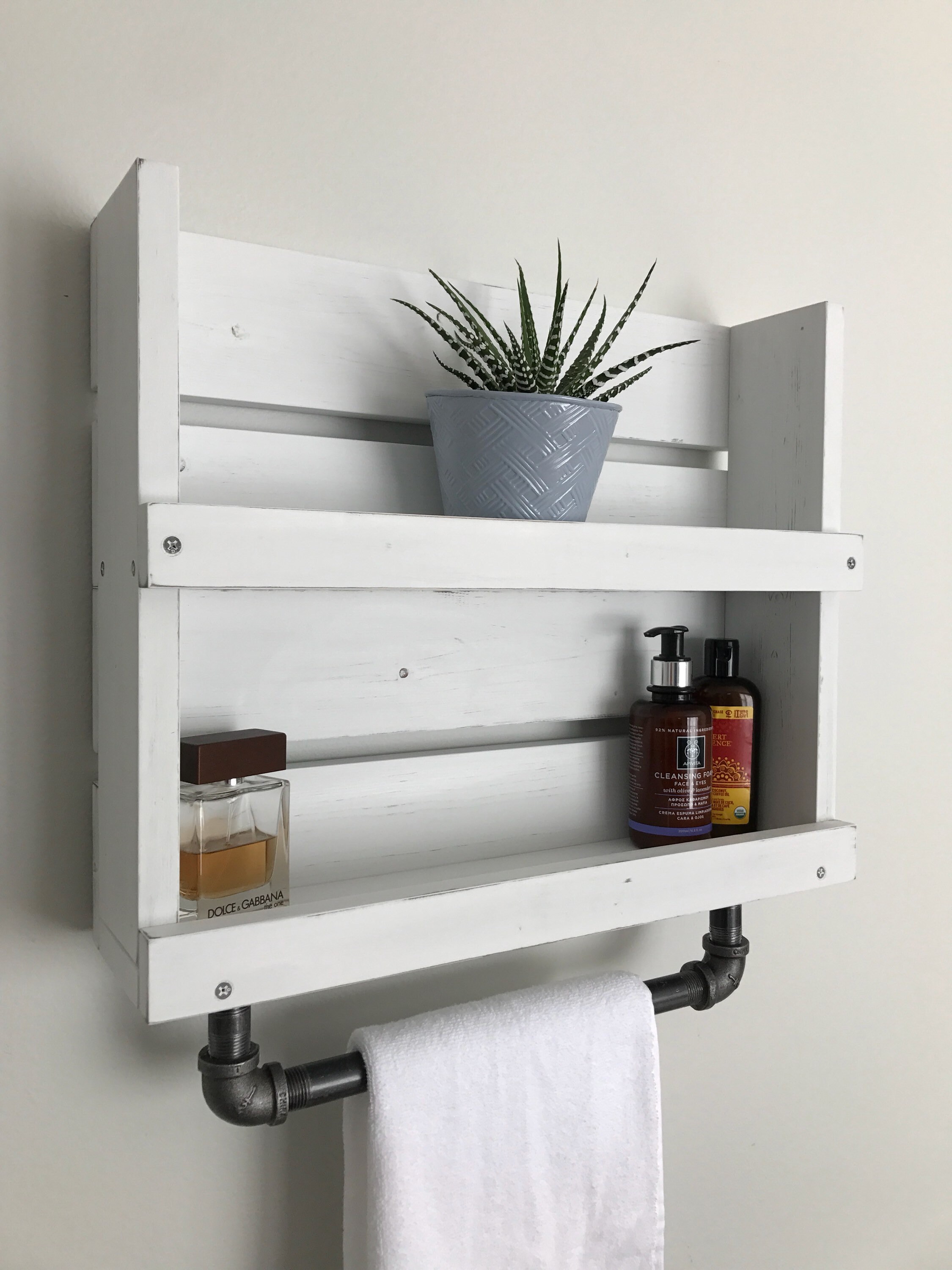 White Lightly Distressed Bathroom Shelf With Pipe Towel Bar Etsy