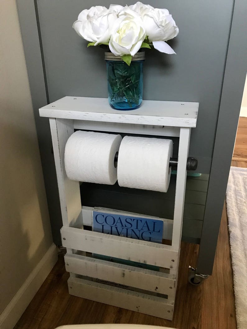 White Distressed Bathroom Magazine And Toilet Paper Holder