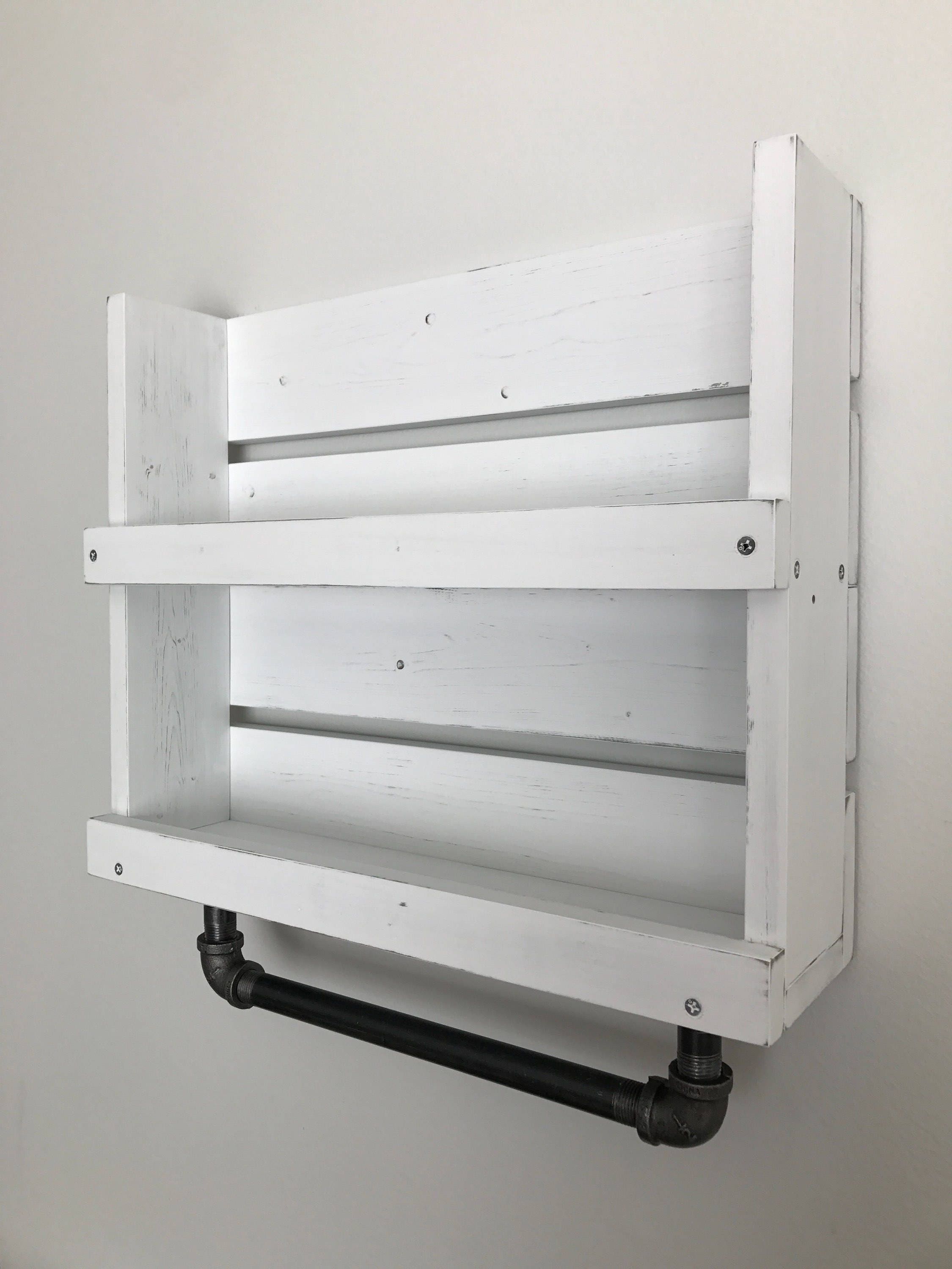Bathroom Shelf With Towel Bar White Distressed Wood Bathroom Etsy