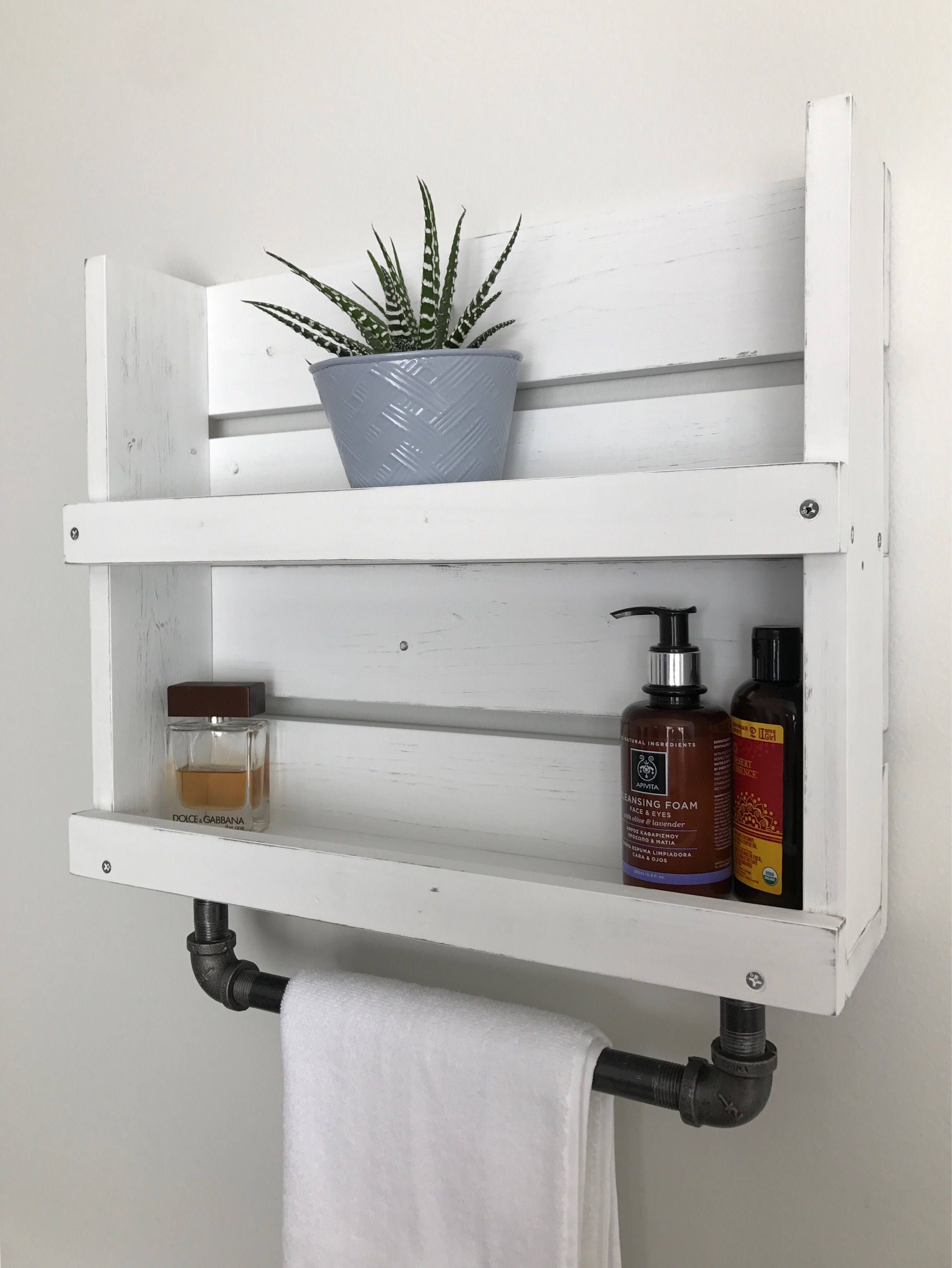Bathroom Shelf With Towel Bar White Distressed Wood Bathroom Etsy