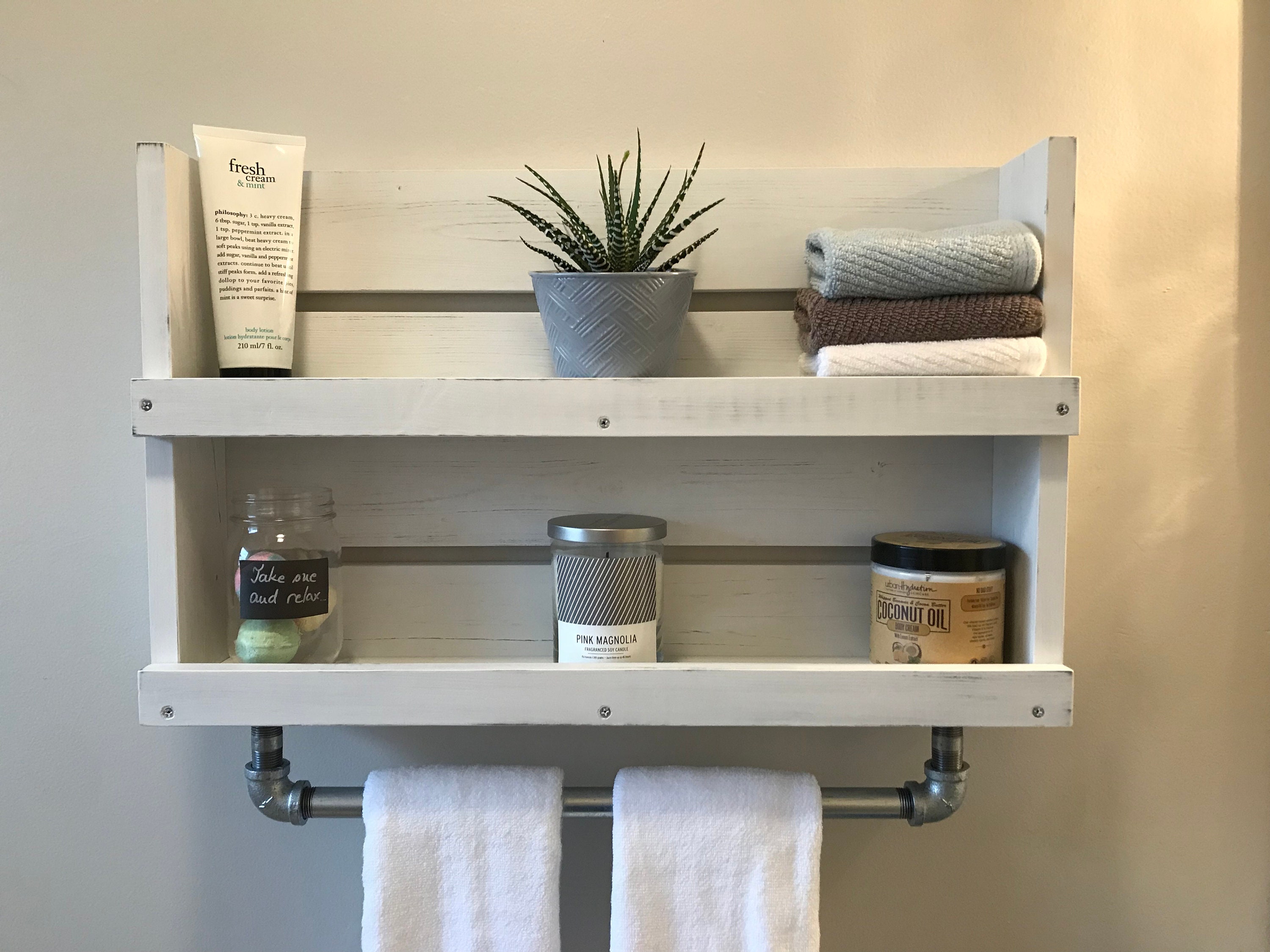 Bathroom shelf with towel bar White distressed wood shelf ...