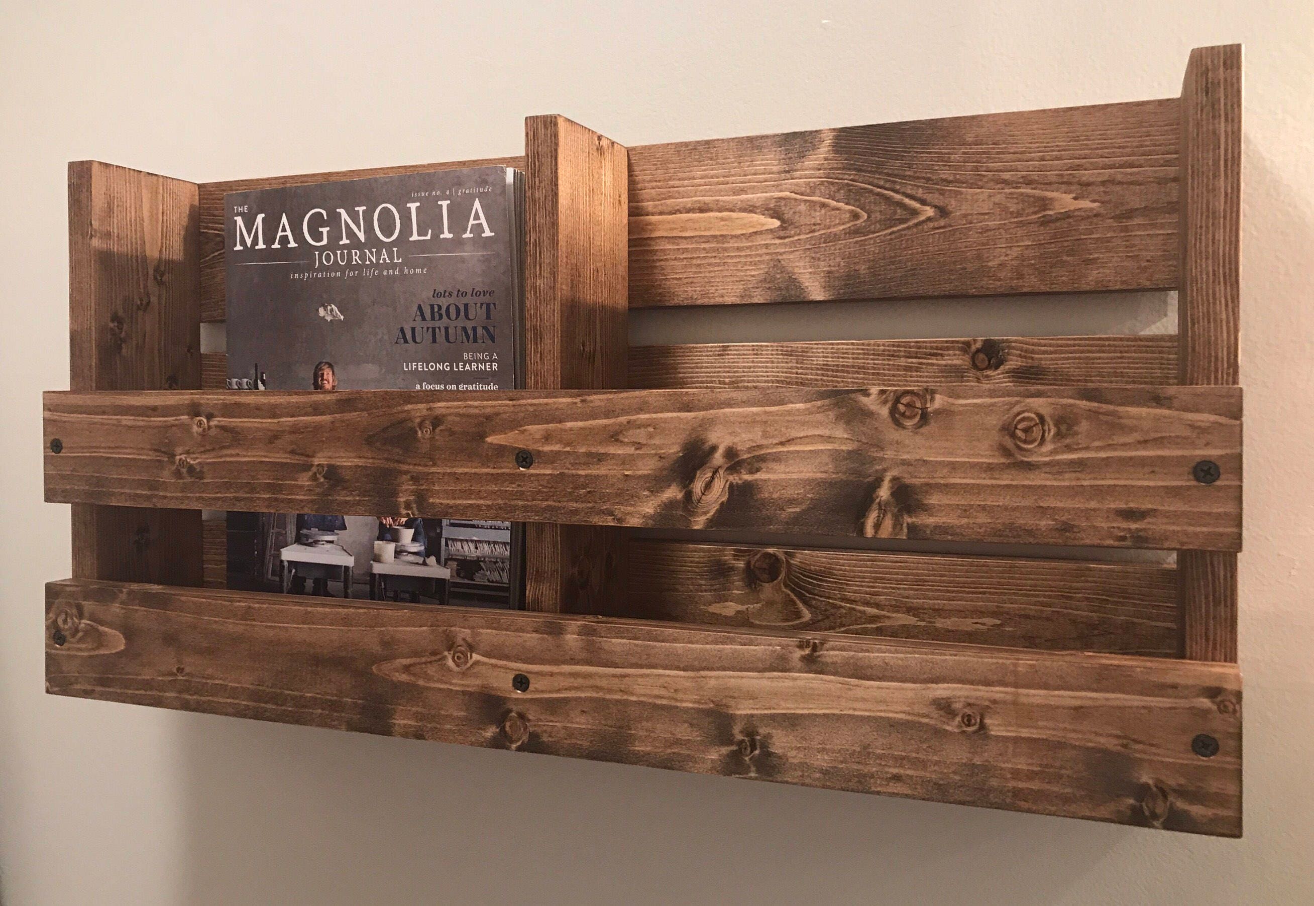 Double Magazine Rack Rustic Wall Mounted Wood Menu Rack Wood Etsy