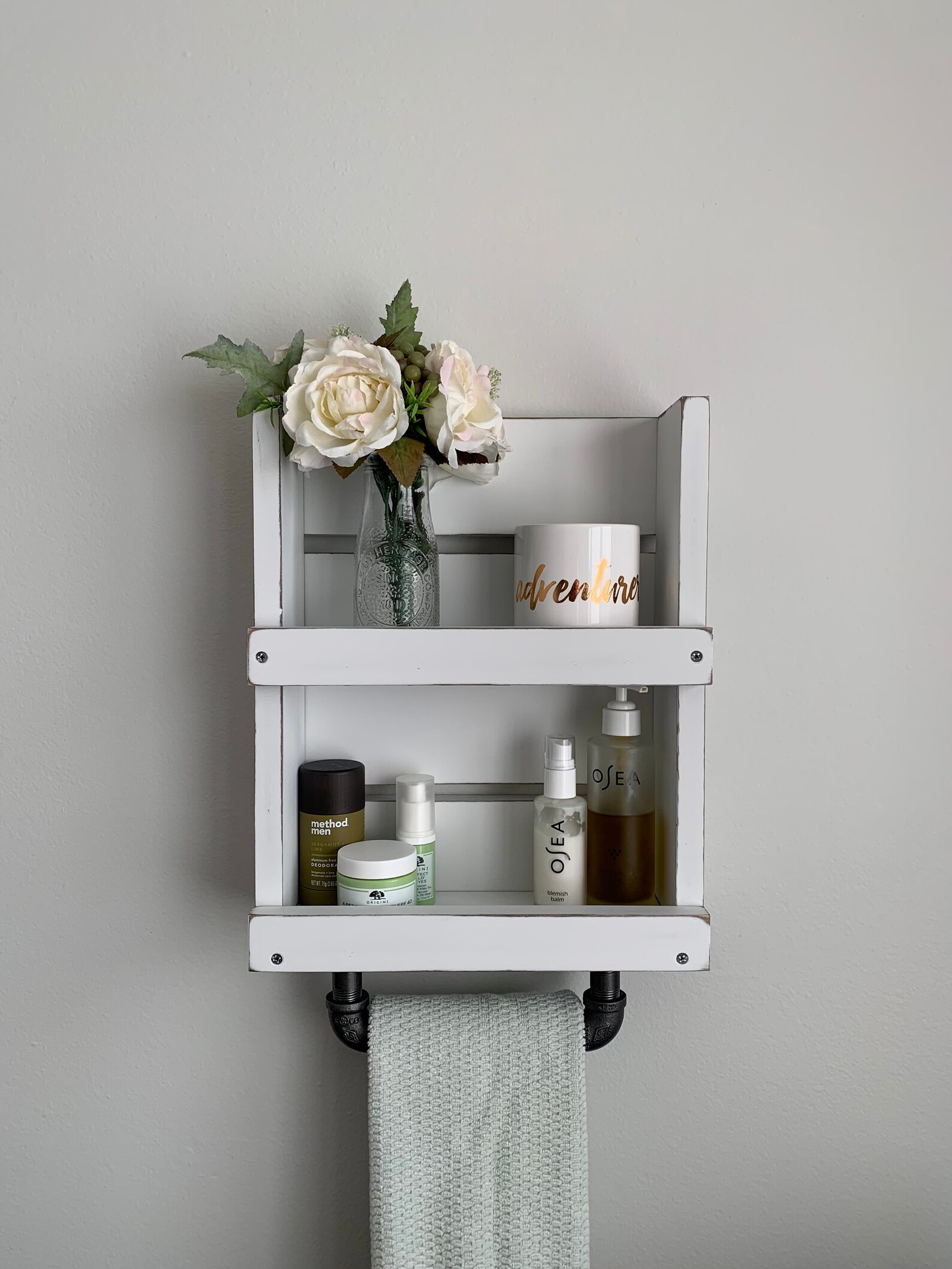 Bathroom Shelf With Towel Bar White Distressed Wood Shelf Etsy