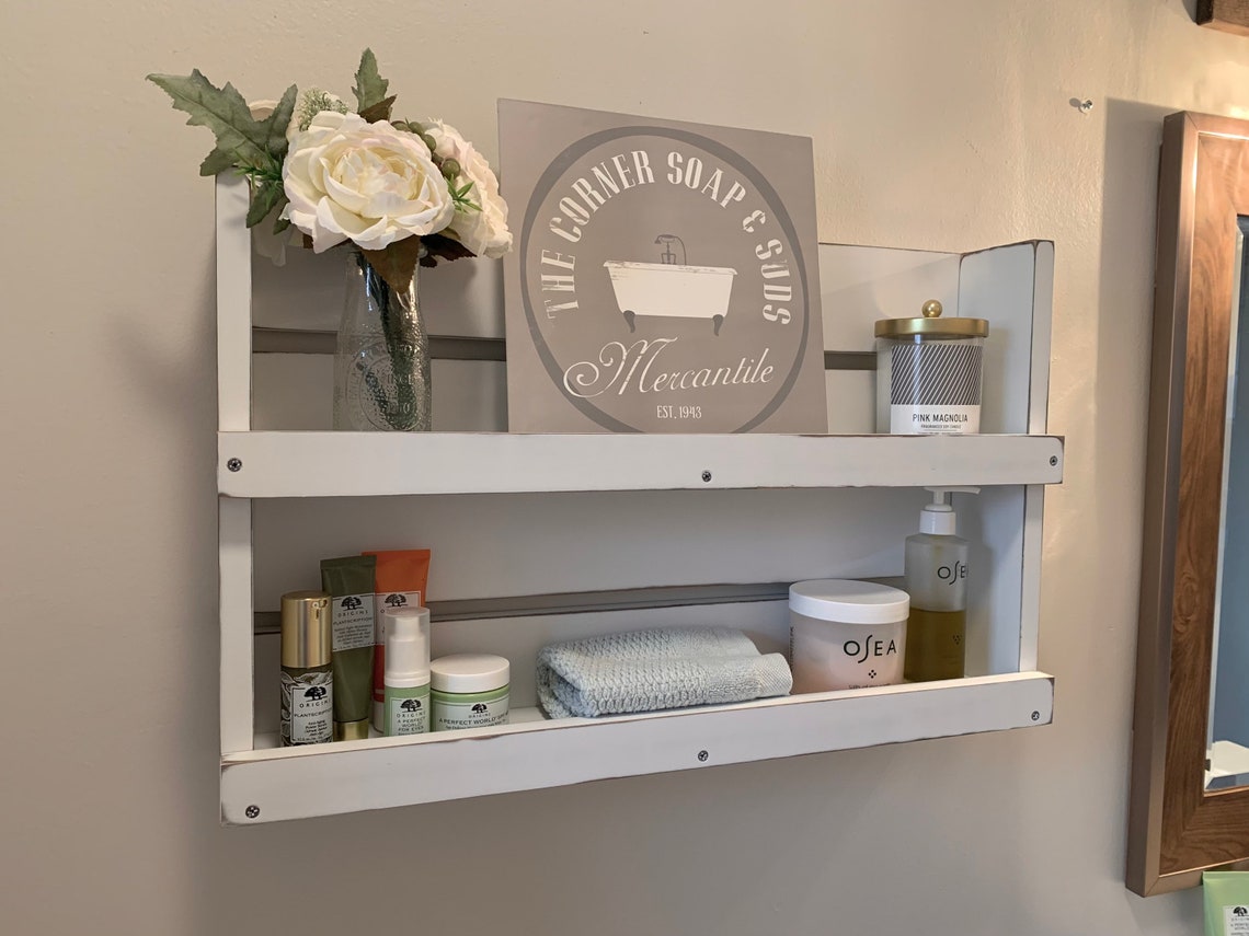 Rustic White Distressed Wood Bathroom Shelf Farmhouse Decor Etsy