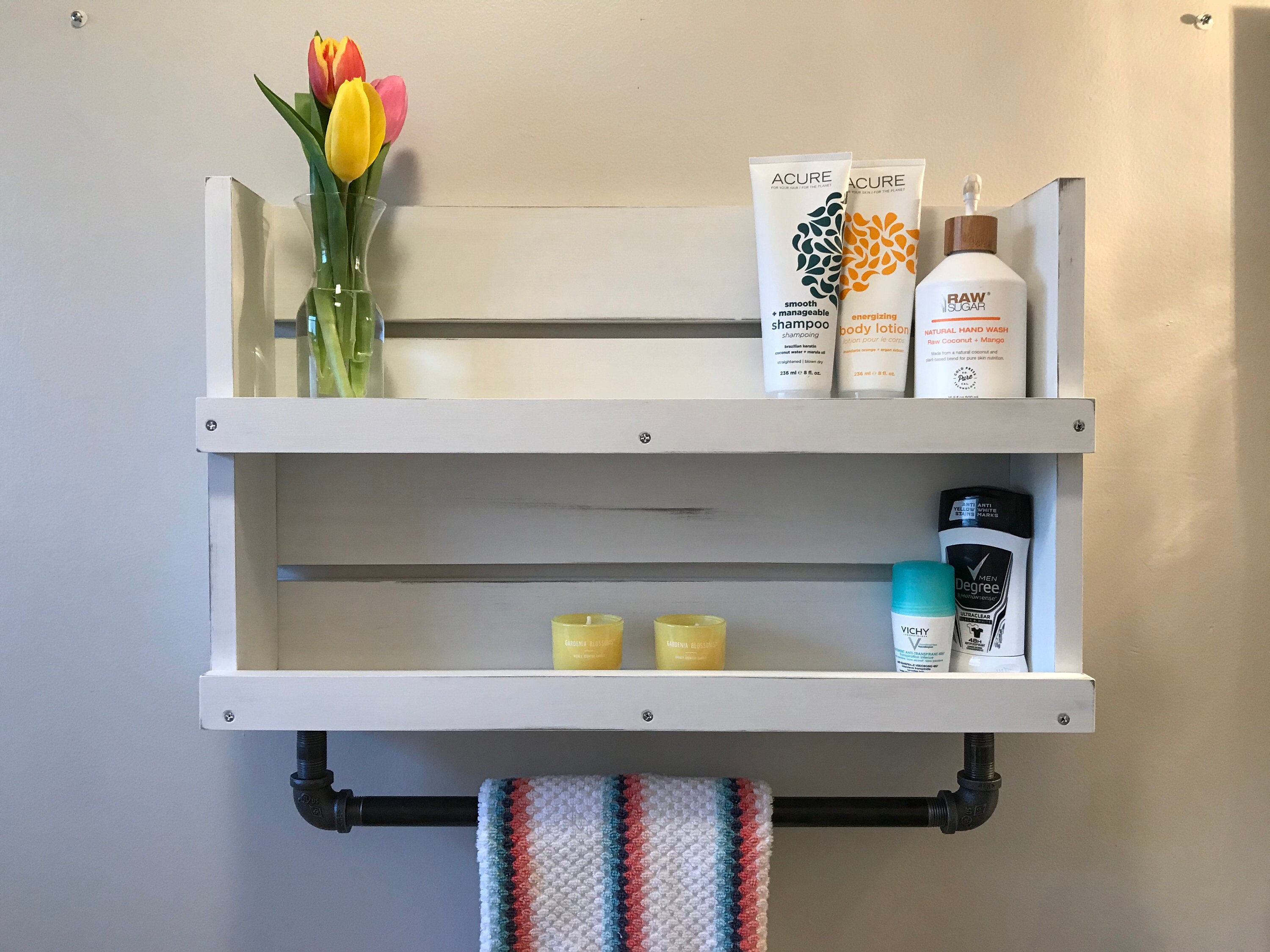 Bathroom Shelf With Towel Bar White Distressed Wood Bathroom Etsy