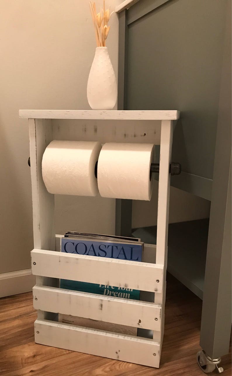 White Distressed Bathroom Magazine And Toilet Paper Holder