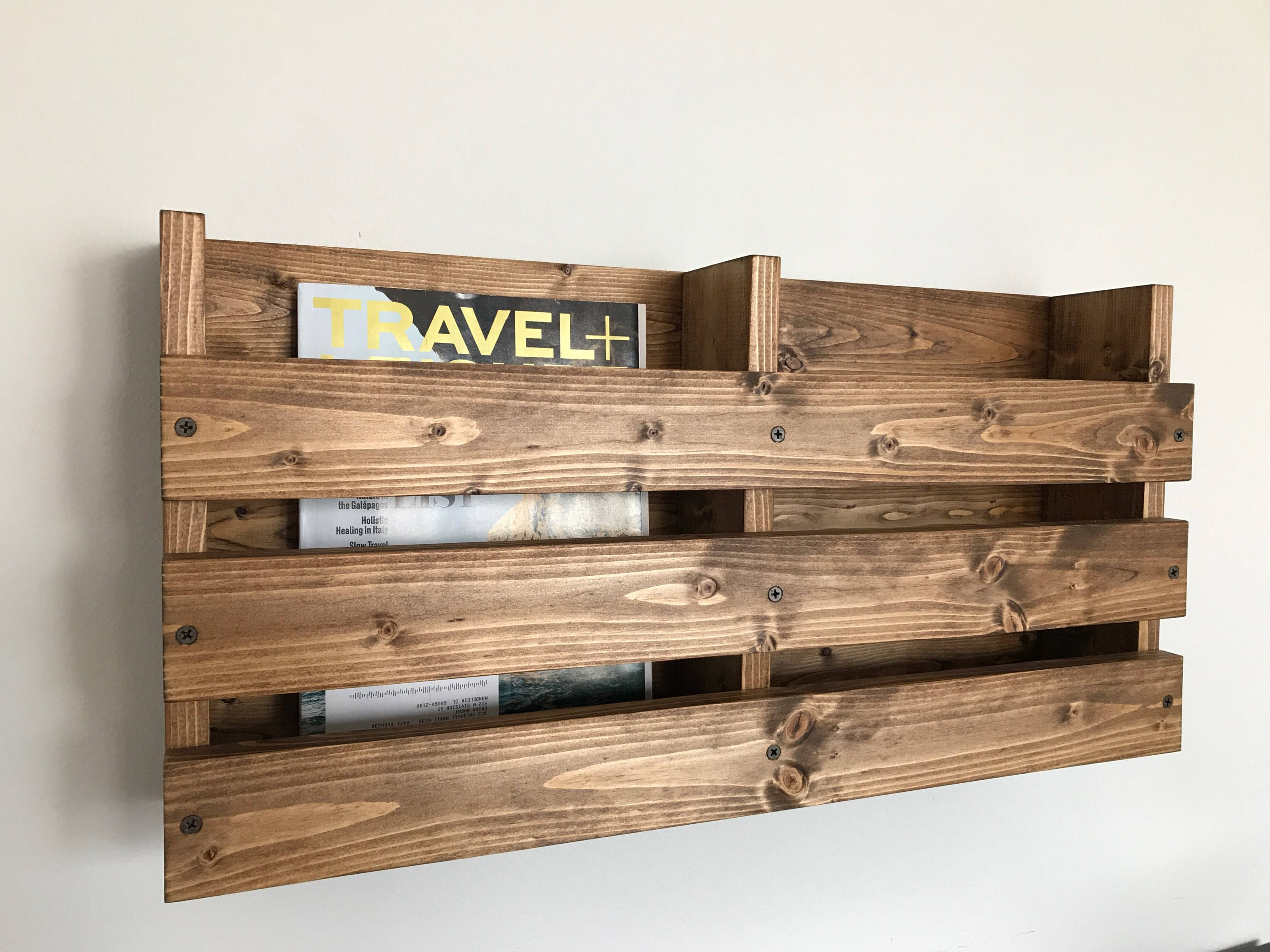 Double Magazine Rack Rustic Wall Mounted Wood Menu Rack Wood Etsy