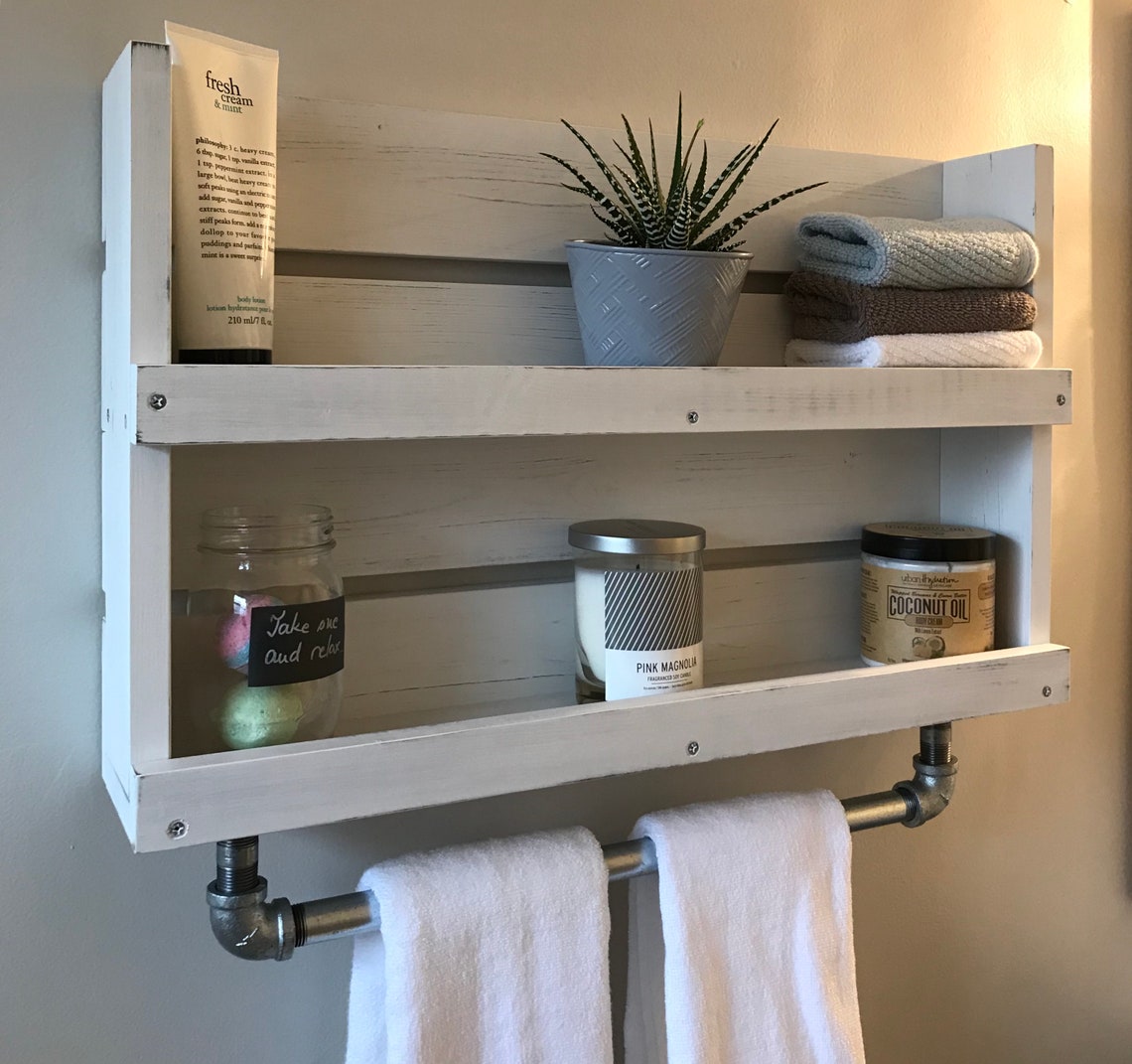Bathroom Shelf With Towel Bar White Distressed Shelf Wood Etsy