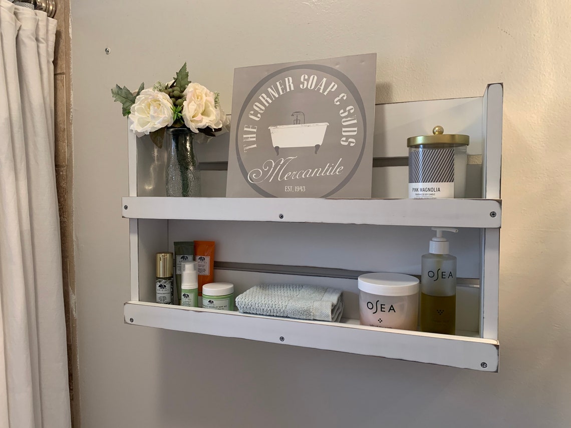Rustic White Distressed Wood Bathroom Shelf Farmhouse Decor Etsy
