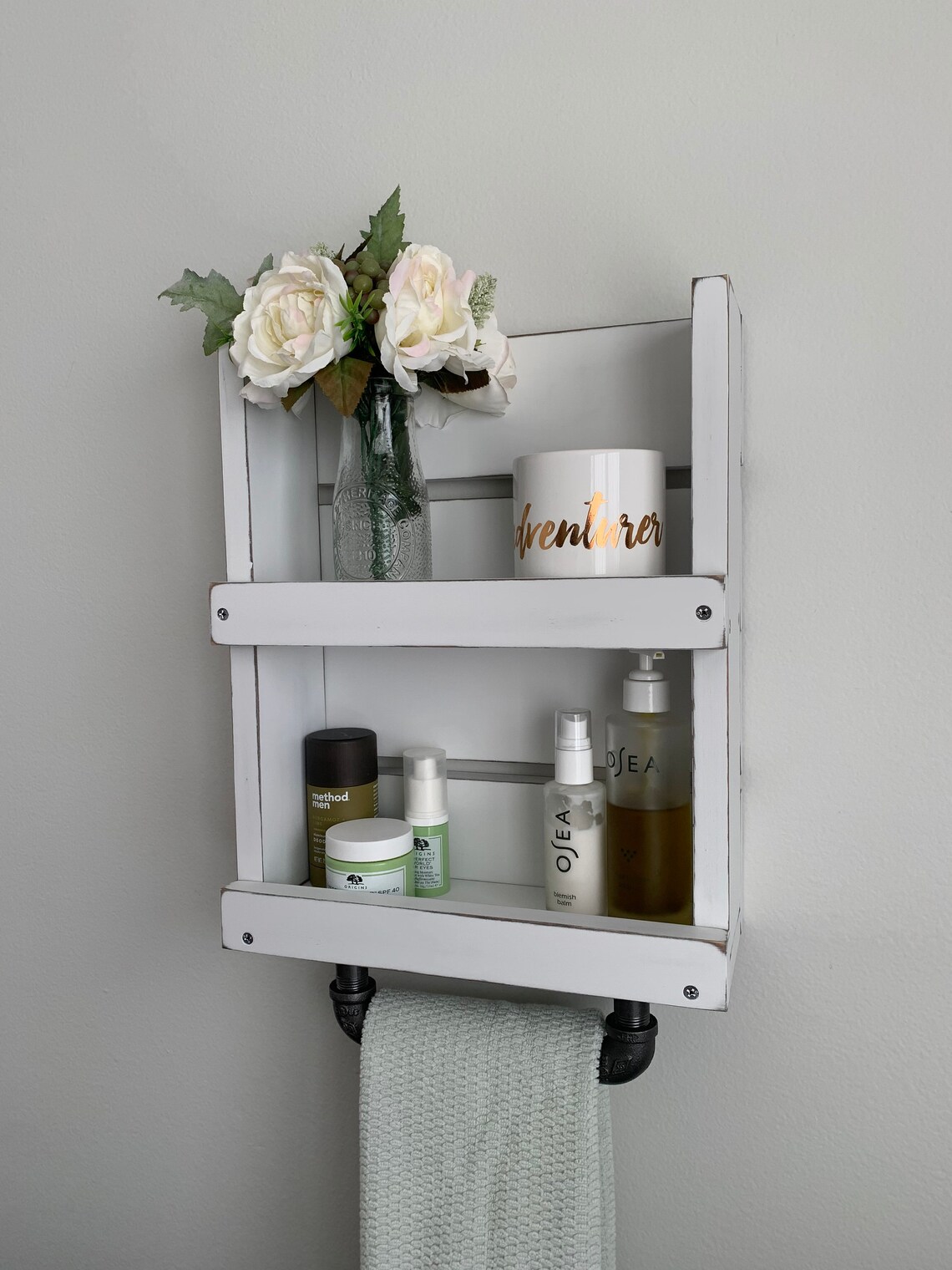 Bathroom Shelf With Towel Bar White Distressed Wood Shelf | Etsy