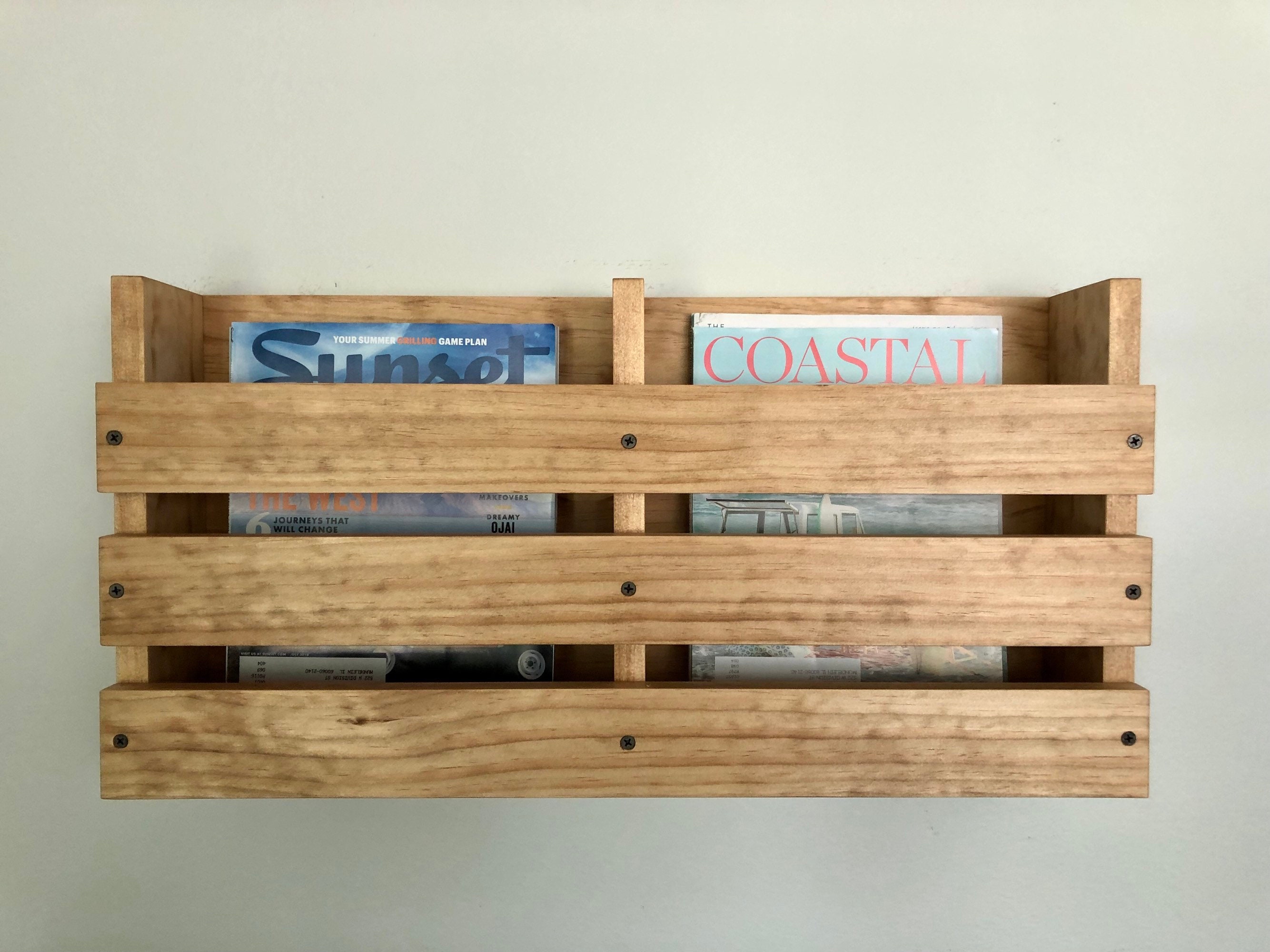 Double Magazine Rack Rustic Wall Mounted Wood Menu Rack Wood Etsy