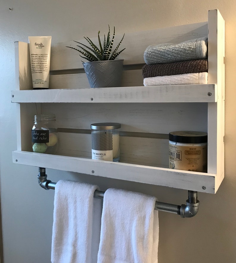 Bathroom Shelf With Towel Bar White Distressed Shelf Wood Etsy